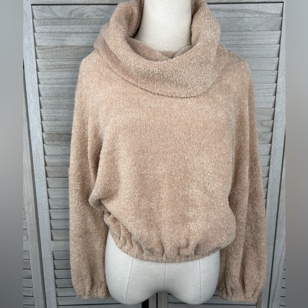 LUMIERE Women's Boucle Knit Cowl Neck Cropped Sweater Tan-Small